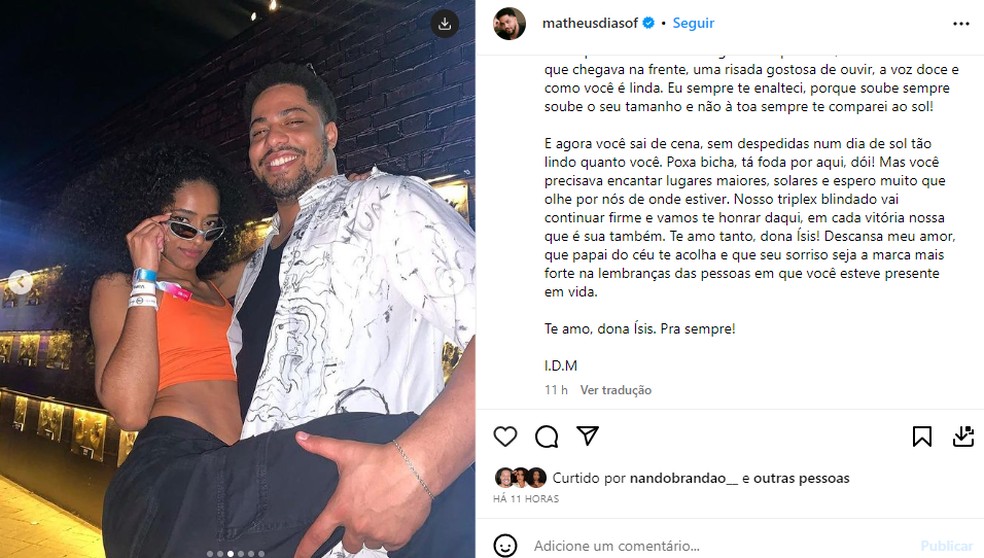 Matheus homenageou a amiga — Foto: Reprodução Instagram