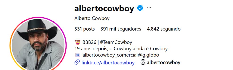Veja quantos seguidores tem Alberto Cowboy, do BBB 26, atualmente — Foto: reprodução/Instagram