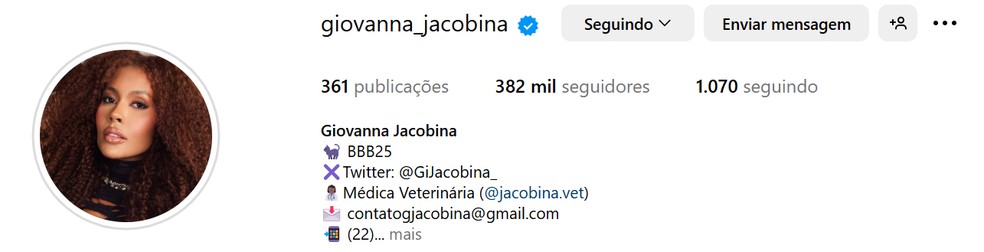 Perfil de Giovanna após 2 meses de programa — Foto: Reprodução / Instagram