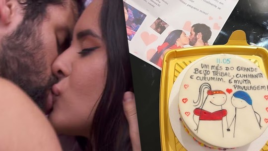 Fãs de Matteus e Isabelle, do BBB 24, celebram 1 mês do primeiro beijo 'tribal' do casal com bolo temático