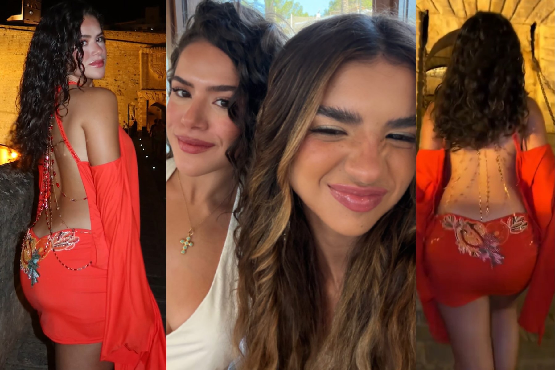 Maisa Silva usando vestido laranja decotado nas costas durante visita na Espanha
