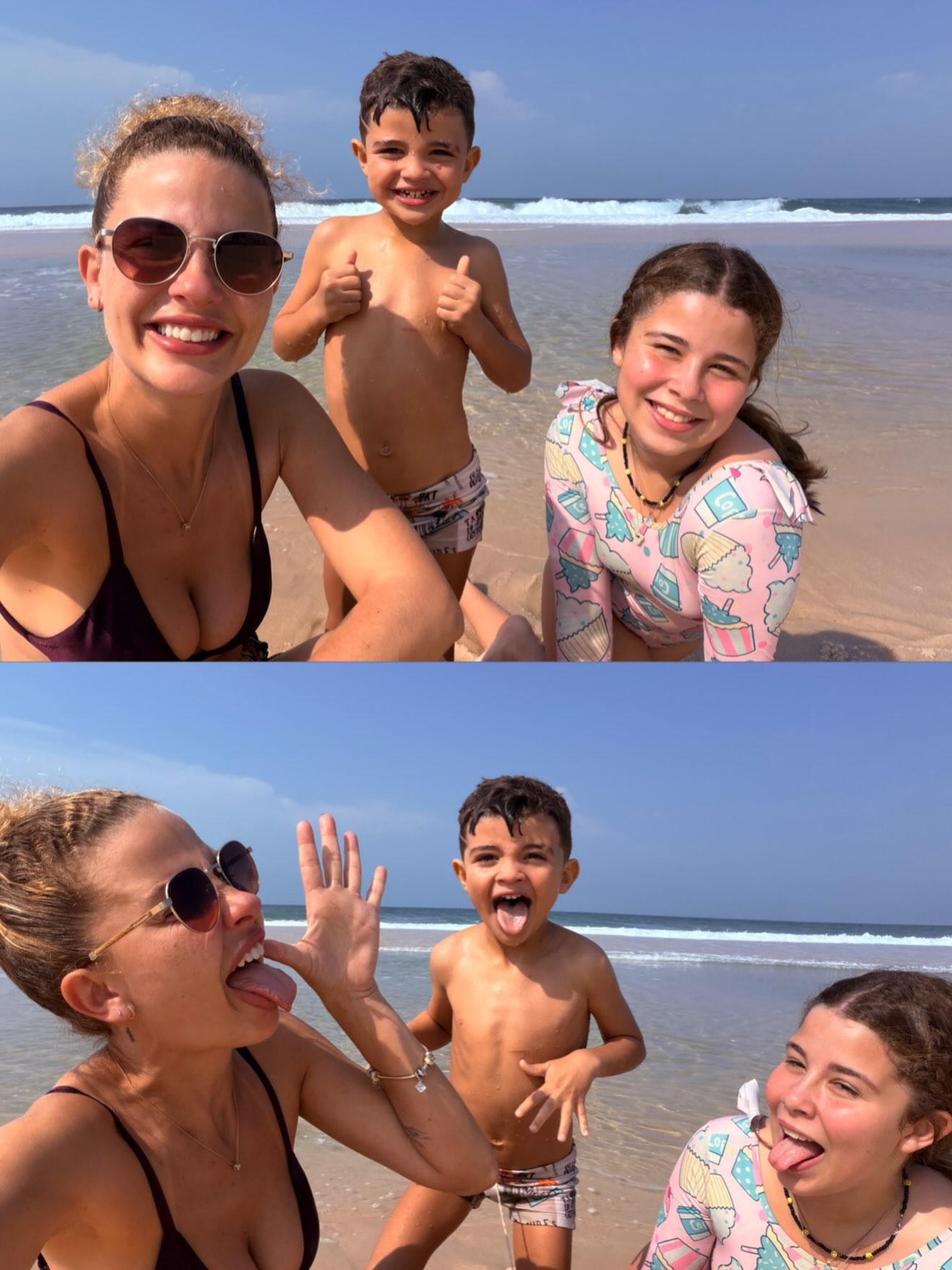 Debby Lagranha com os filhos na praia de Maricá