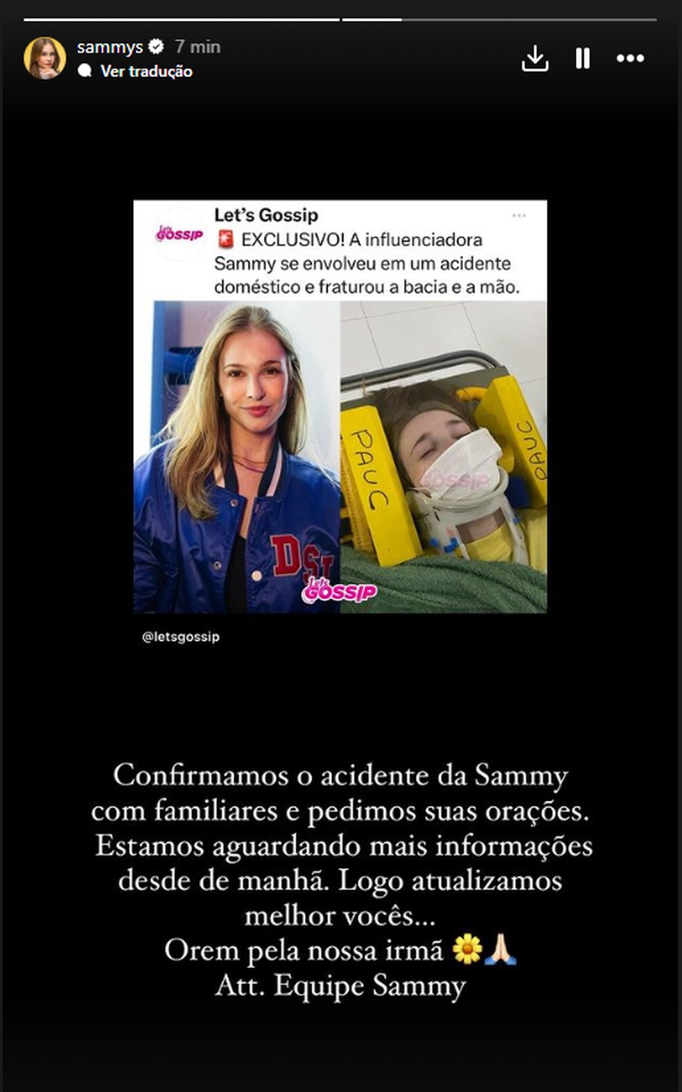 Perfil de Sammy confirmou acidente — Foto: Reprodução Instagram