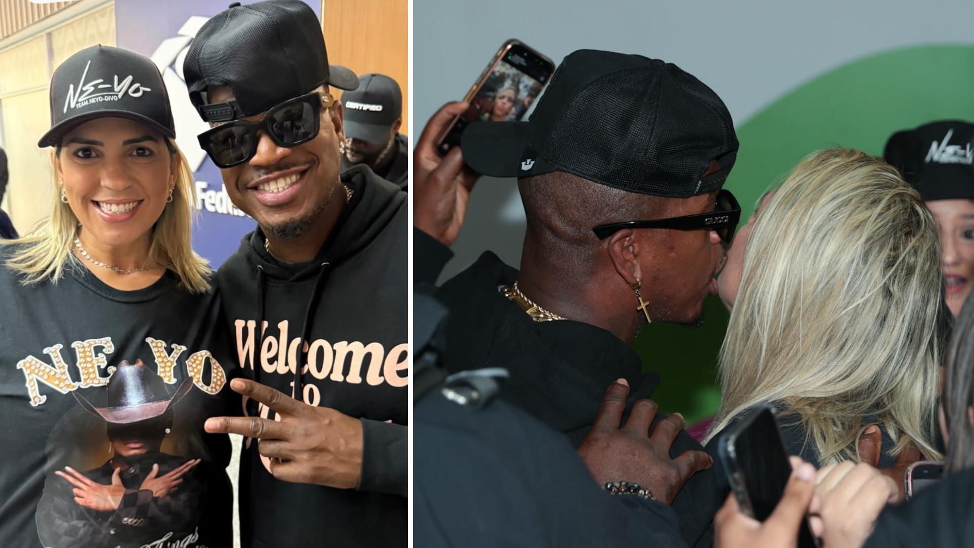 Ne-Yo sorridente brincando com fãs no aeroporto do Galeão