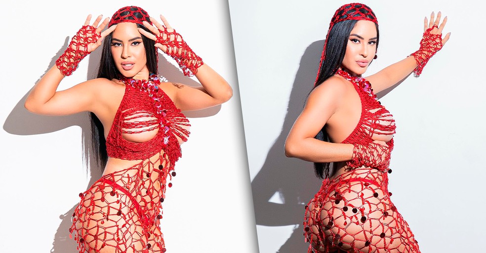 Isabelle Nogueira com o look para o recente ensaio da Grande Rio — Foto: Gabriel Trindade