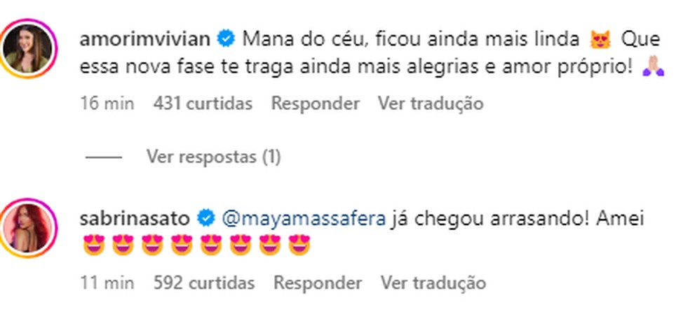 Vivian Amorim e Sabrina Sato deixaram seus comentários — Foto: Reprodução Instagram