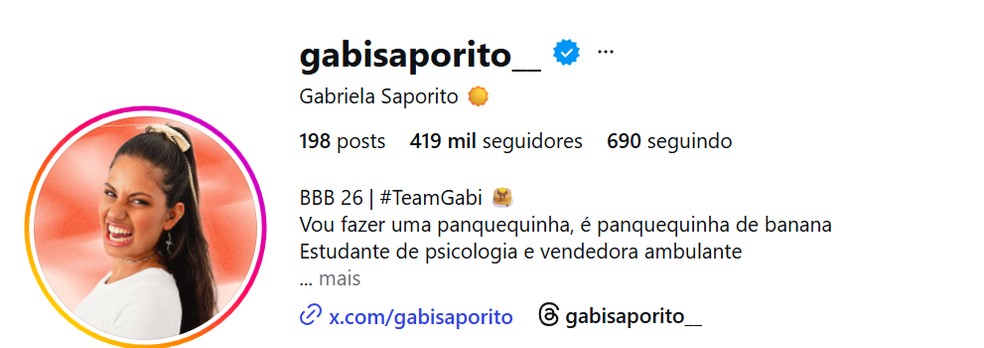 Veja quantos seguidores tem Gabriela, do BBB 26, atualmente — Foto: reprodução/Instagram