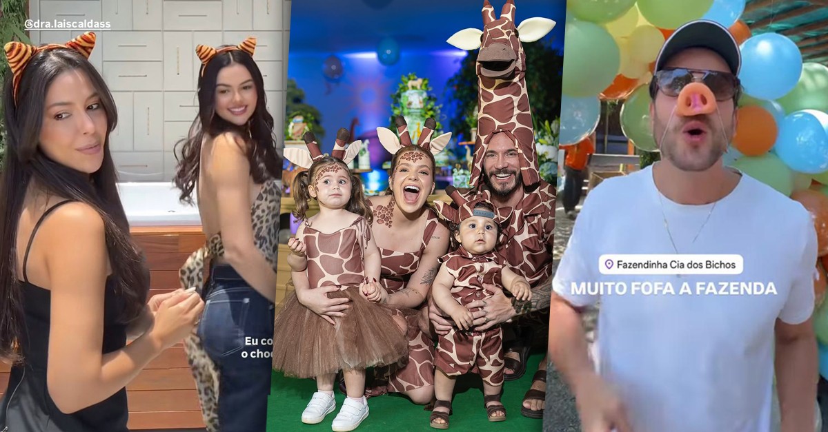 Com adereços de bichinhos, ex-BBBs chegam ao aniversário do filho de Viih Tube e Eliezer