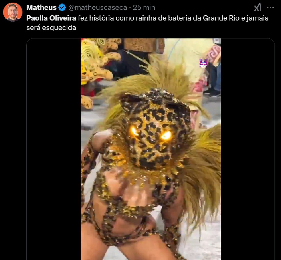 Paolla Oliveira anuncia despedida do posto de Rainha de Bateria da Grande Rio — Foto: Reprodução/X