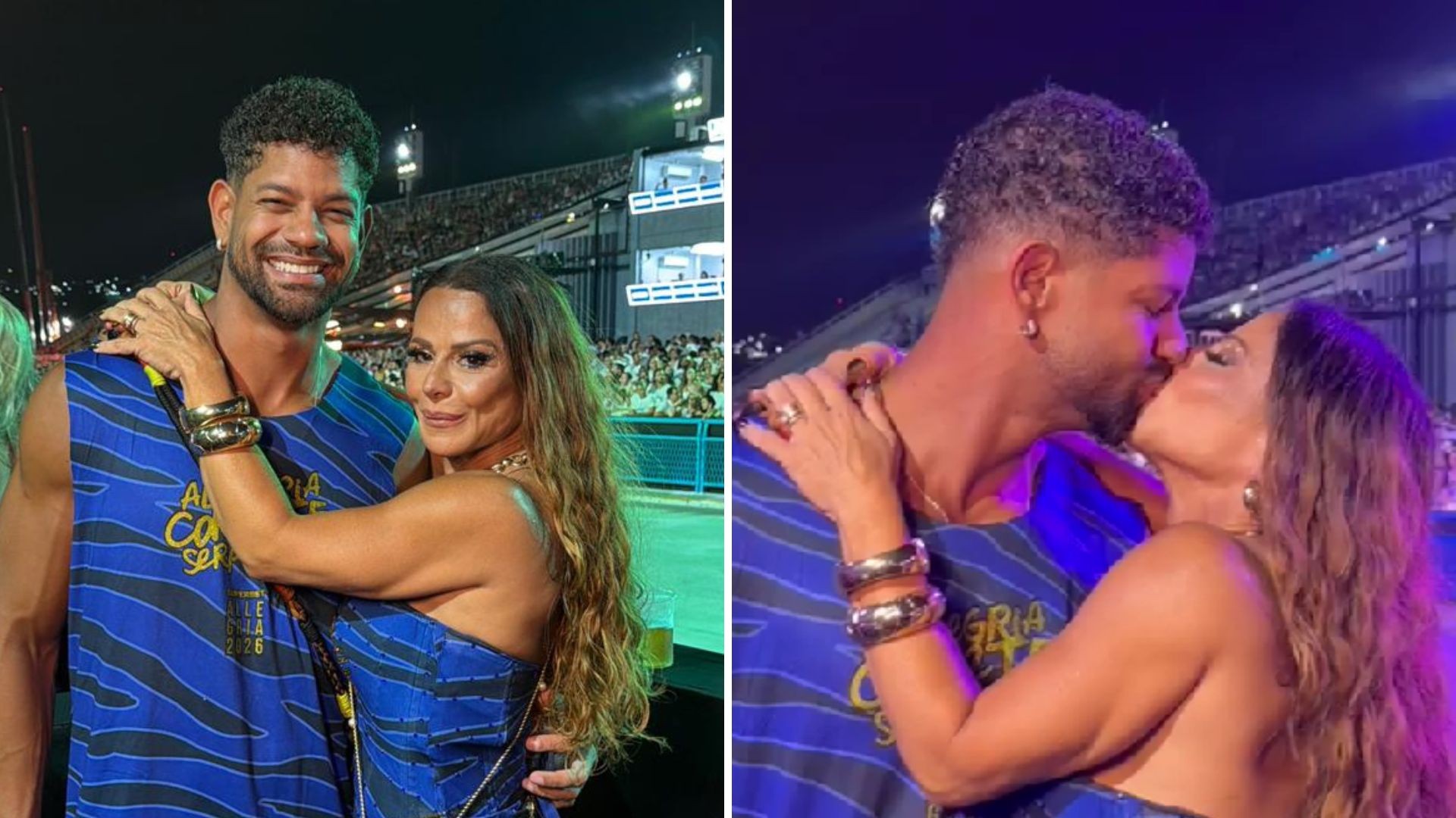 Viviane Araujo aproveita camarote na Sapucaí com beijão em marido