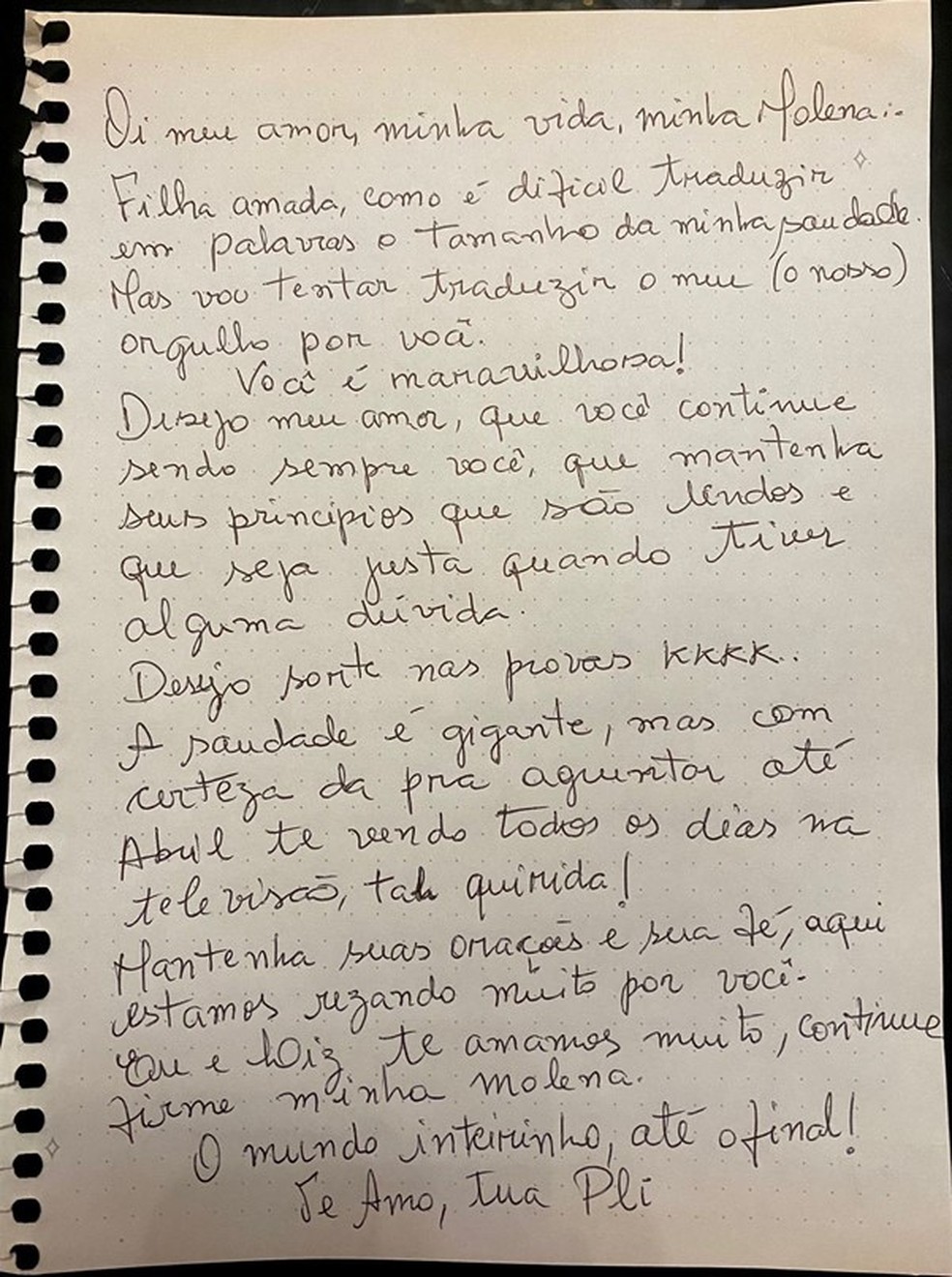Veja a carta enviada pela mãe de Alane, Aline, que foi destruída no Sincerão — Foto: Globo