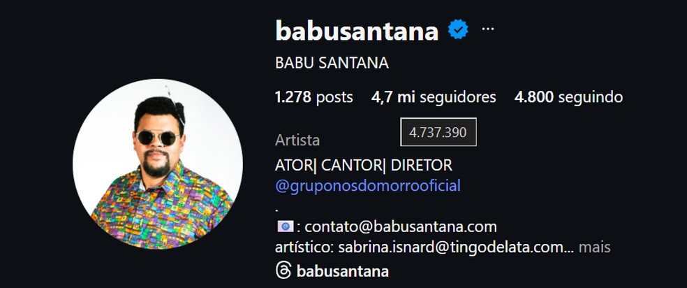 Veja quantos seguidores Babu Santana tinha ao ser anunciado no BBB 26 — Foto: reprodução/Instagram