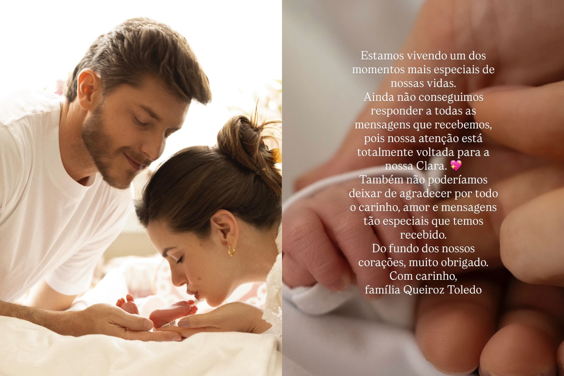 Camila Queiroz e Klebber Toledo agradecem a mensagens de carinho pelo nascimento da primeira filha
