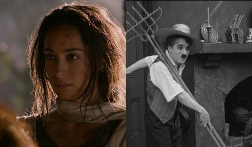 À esquerda, Oona Chaplin em ‘Game of Thrones’; à direita, seu avô, Charlie Chaplin, em ‘Vida de Cachorro’ — Foto: IMDB