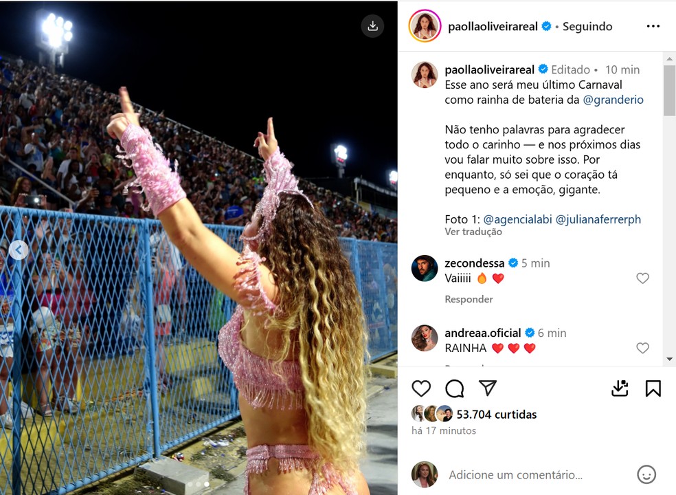 Paolla Oliveira anuncia despedida do posto de Rainha de Bateria da Grande Rio — Foto: Reprodução/Instagram
