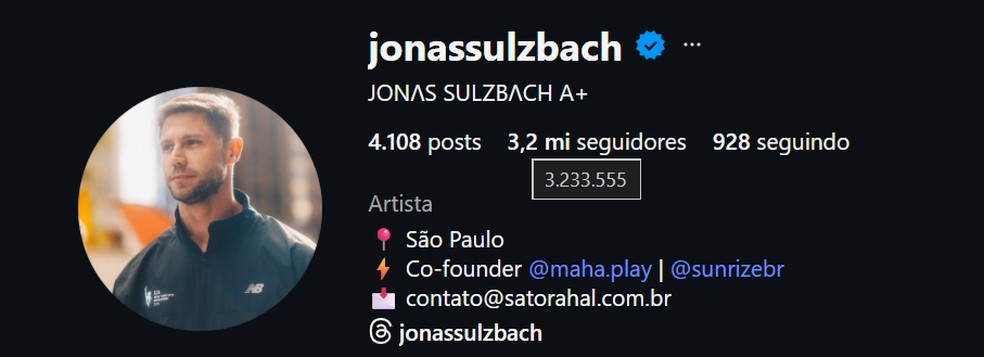 Veja quantos seguidores Jonas Sulzbach tinha ao ser anunciado no BBB 26 — Foto: reprodução/Instagram