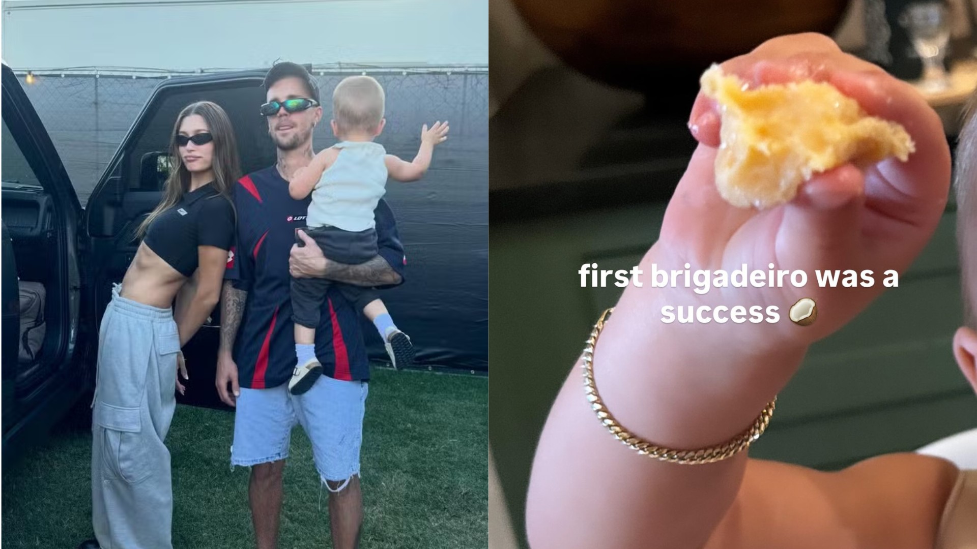 Hailey Bieber mostra filho experimentando brigadeiro pela primeira vez
