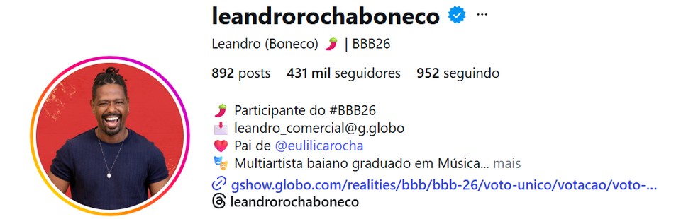 Veja quantos seguidores tem Leandro, do BBB 26, atualmente — Foto: reprodução/Instagram