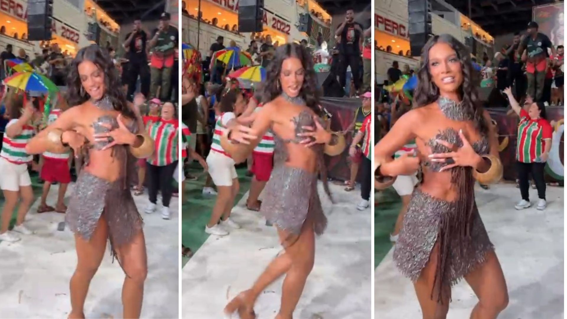 Alane Dias passa por perrengue com figurino de cola quente durante ensaio da Grande Rio