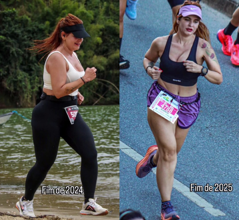 Ex-BBB Elenita compartilha antes e depois após um ano na corrida — Foto: Reprodução/Redes sociais