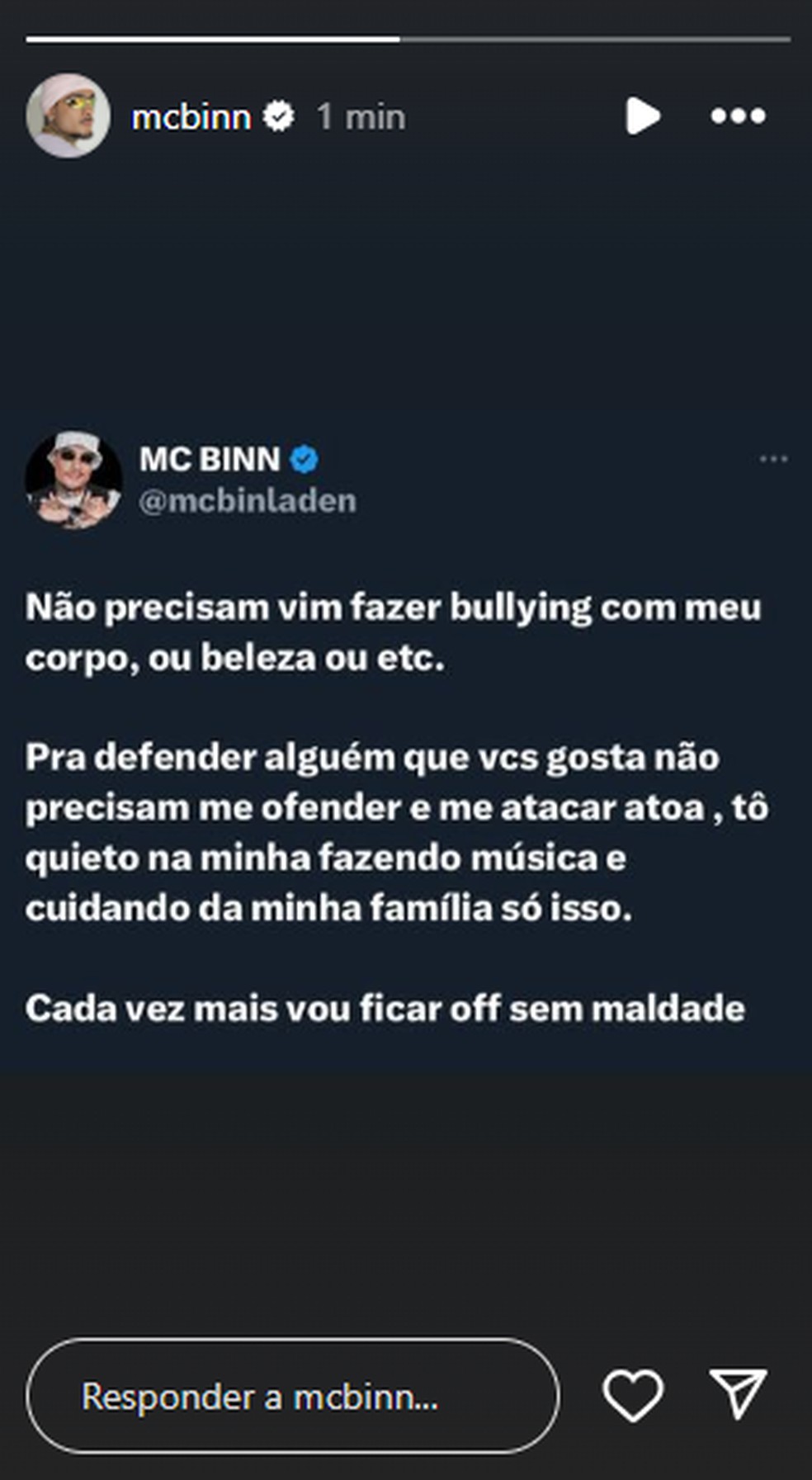 MC Binn faz desabafo após comentários sobre seu corpo — Foto: Reprodução/Instagram