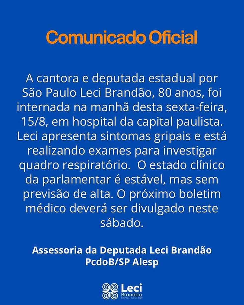 Comunicado oficial sobre internação de Leci Brandão — Foto: Instagram
