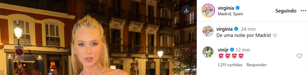 Vini Jr. comenta em postagem de Virginia Fonseca — Foto: Instagram