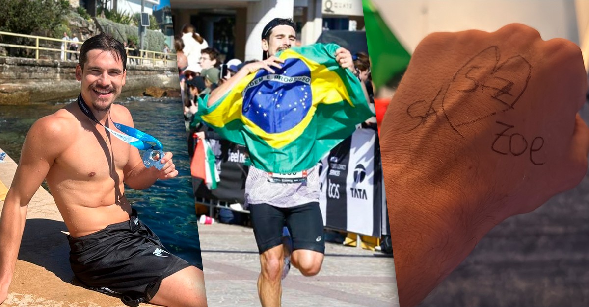 Nicolas Prattes durante a maratona de Sydney com coração desenhado na mão