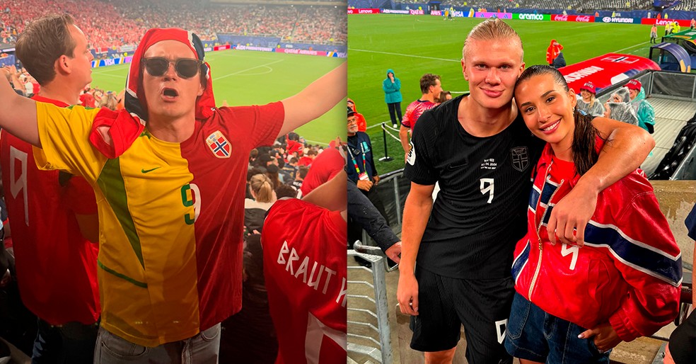 Namorada de Haaland comemora classificação da Noruega com álbum e camisa de amigo chama atenção — Foto: Instagram