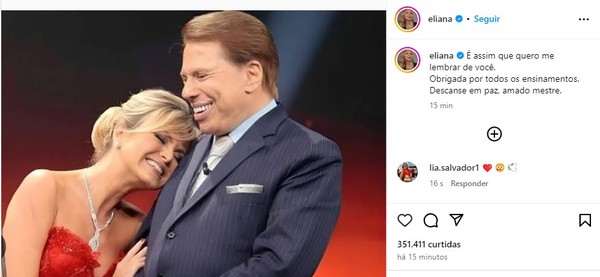 Eliana lamenta a morte de Silvio Santos — Foto: Reprodução / Instagram