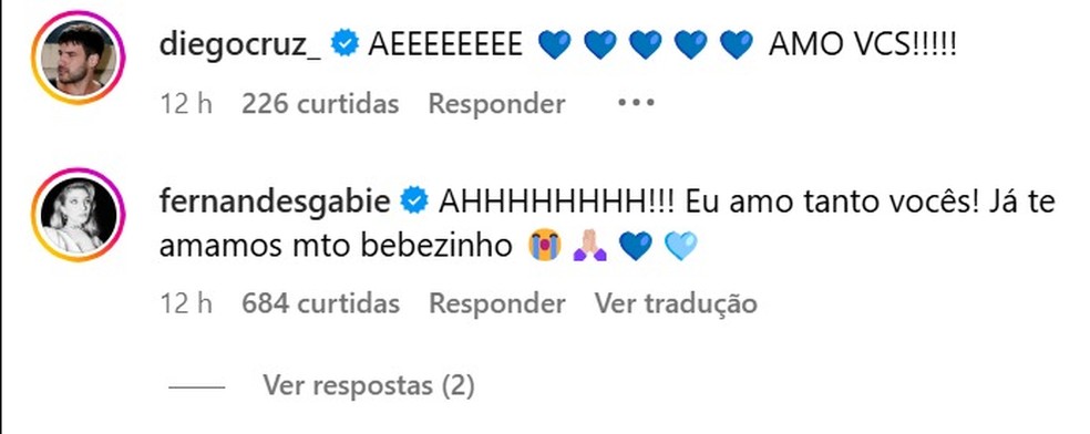 Diego Cruz e Gabie Fernandes celebram revelação do sexo do bebê de Gusta Stockler e Jani Lopes — Foto: Instagram