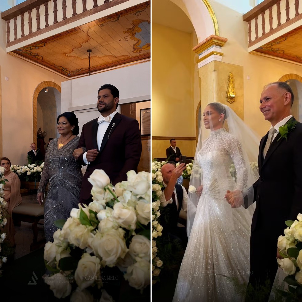 As entradas de Hulk Paraíba e de Camila Ângelo na igreja — Foto: Divulgação