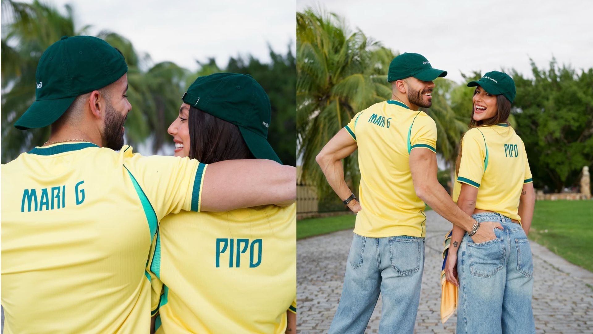 Pipo Marques e Mari Gonzalez posam com camisas personalizadas para o segundo jogo da Seleção