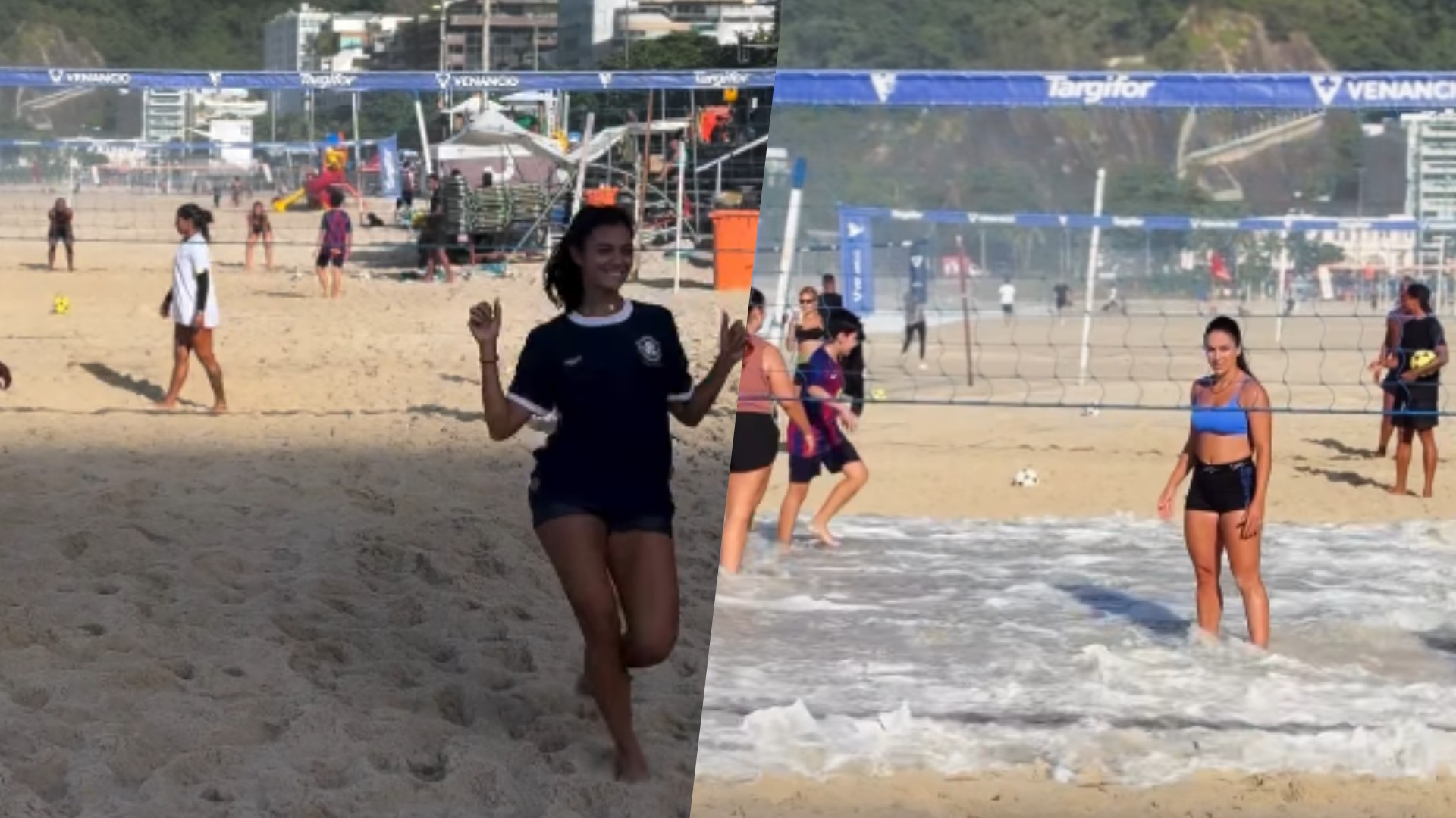 Alane Dias é surpreendida por 'invasão' de onda durante treino de futevôlei: 'No meio do jogo'