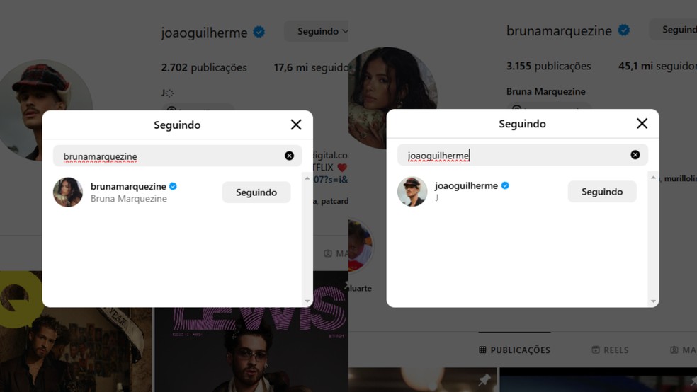 Bruna Marquezine e João Guilherme ainda se seguem nas redes — Foto: Reprodução