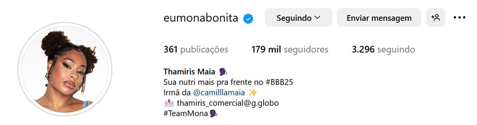 Perfil de Thamiris após 2 meses de programa — Foto: Reprodução / Instagram