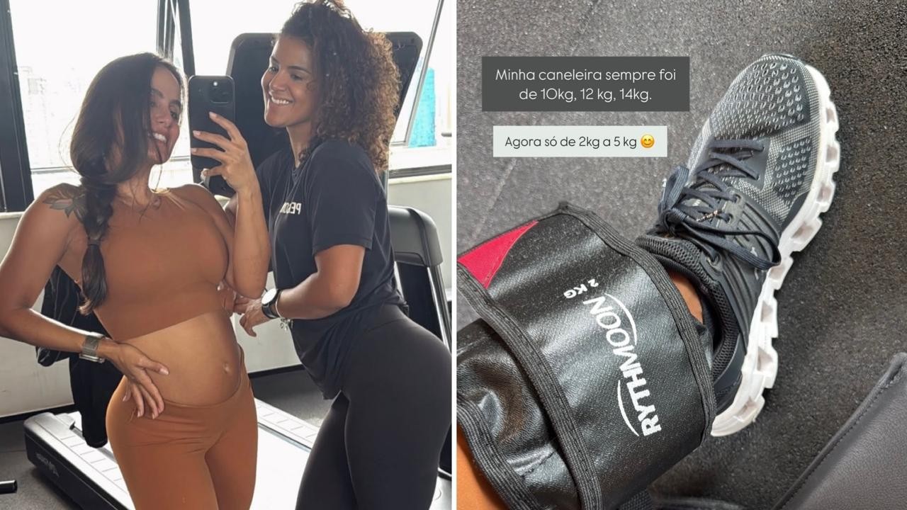 Grávida de um menino, Carol Peixinho reduz peso de caneleira e deixa barriga à mostra em treino