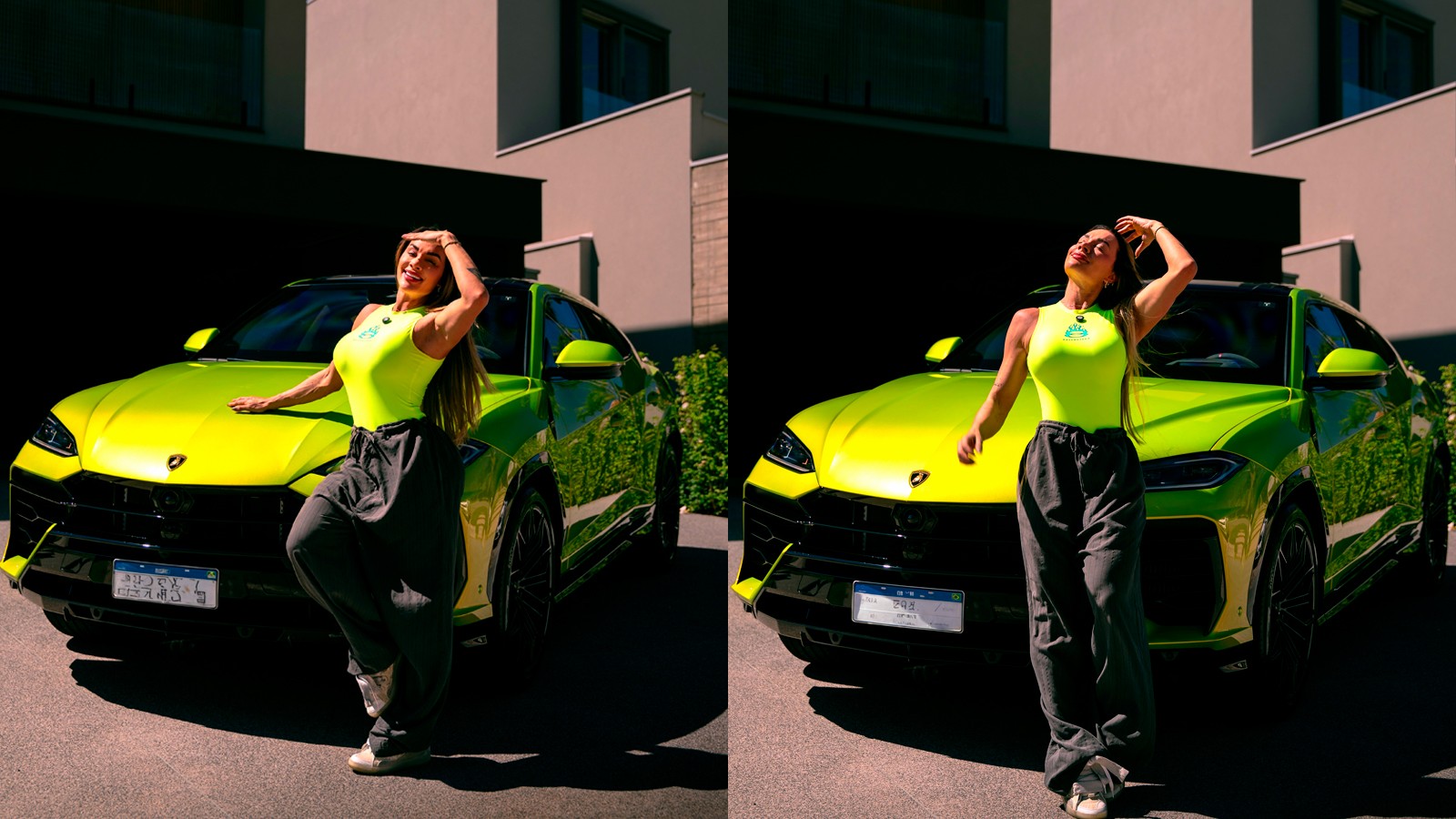 Juju Salimeni ao lado do novo Lamborghini Urus SE na cor verde