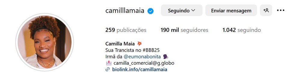 Perfil de Camilla após 2 meses de programa — Foto: Reprodução / Instagram