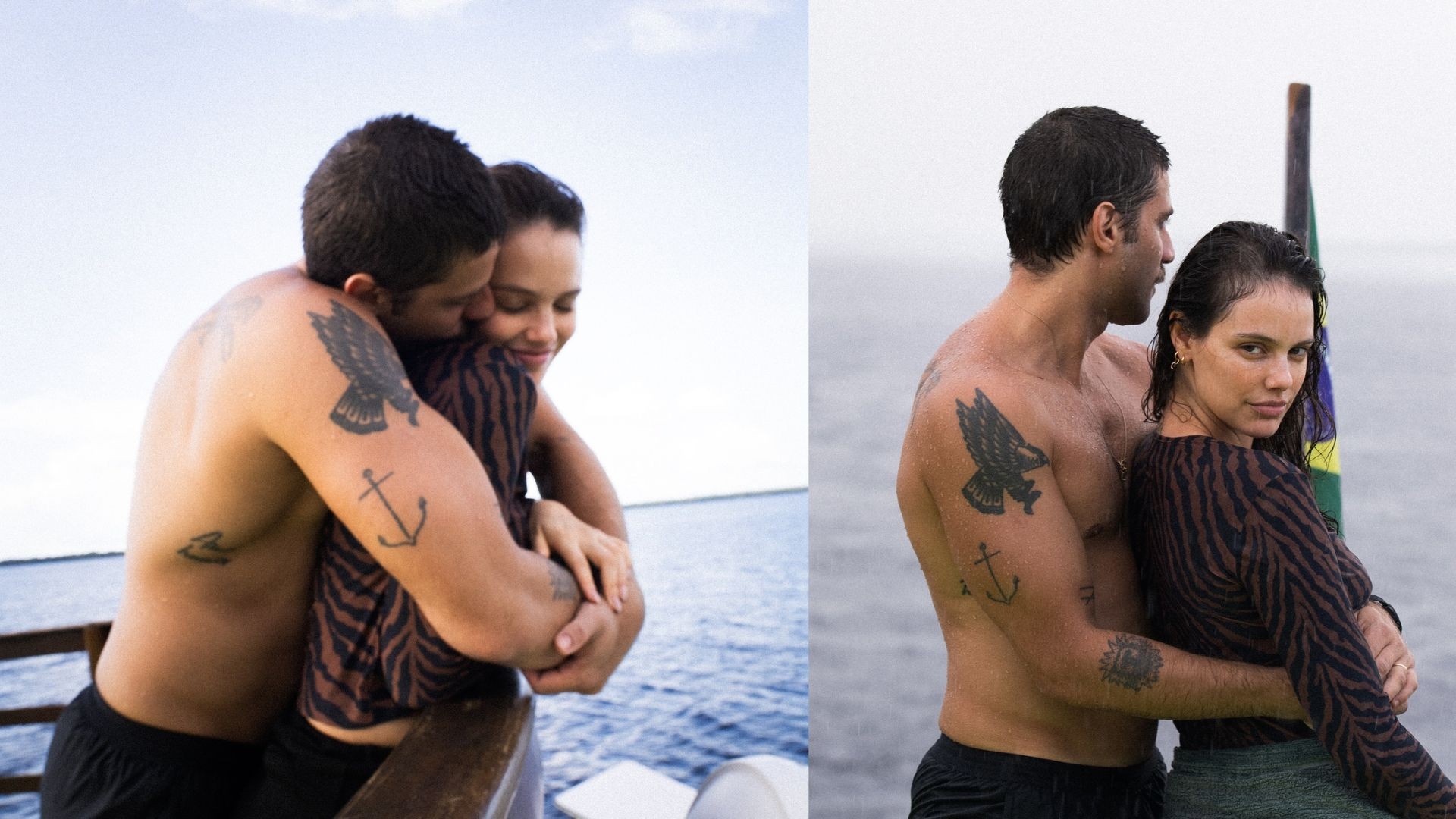 Chay Suede e Laura Neiva posam em clima de romance