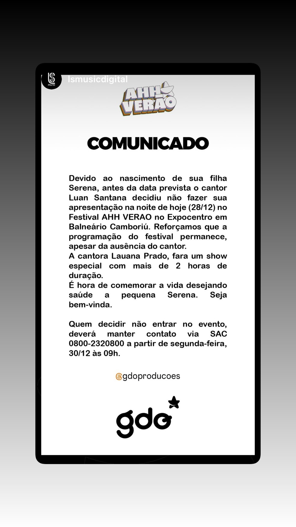 Luan Santana cancela show — Foto: Reprodução/Instagram
