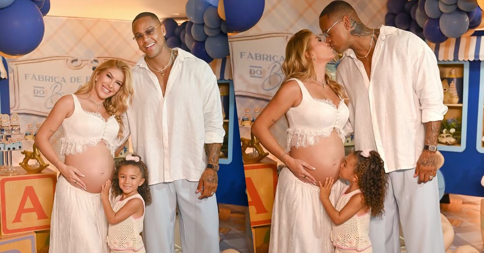 Lore Improta, Liz e Léo Santana em chá revelação de seu 2º filho — Foto: @colifotografia