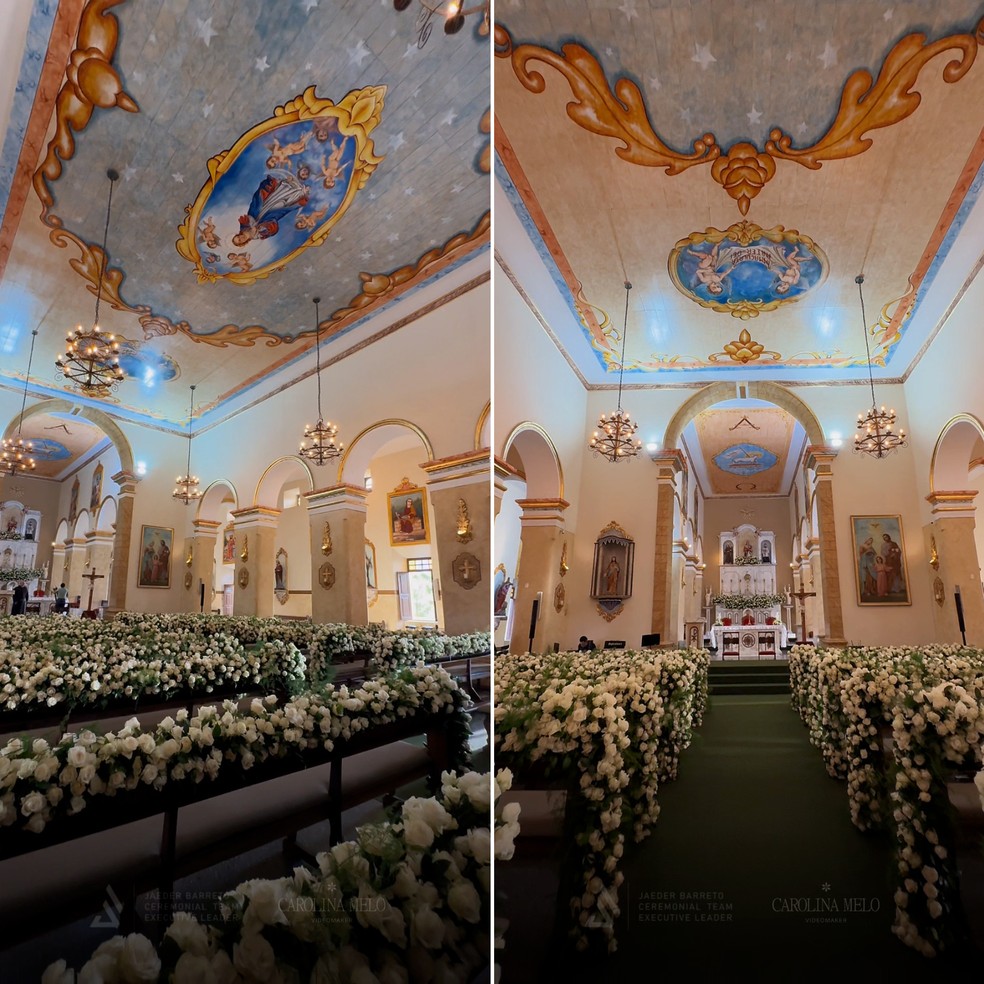 A ornamentação da igreja no casamento de Hulk Paraíba e Camila Ângelo foi cheia de rosas brancas — Foto: Divulgação