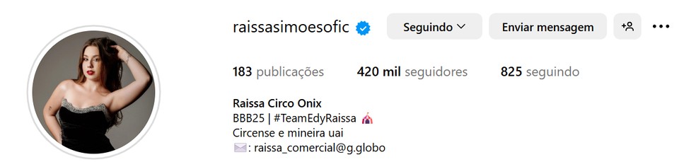 Perfil de Raissa após 2 meses de programa — Foto: Reprodução / Instagram