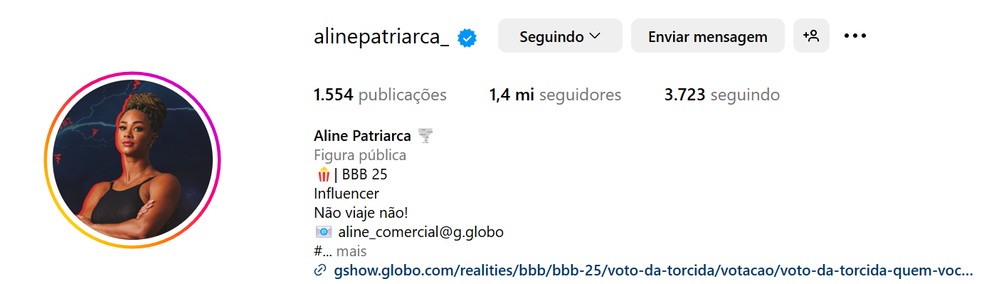 Perfil de Aline após 2 meses de programa — Foto: Reprodução / Instagram