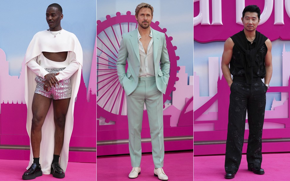 Ncuti Gatwa, Ryan Gosling e Simu Liu na première de Barbie, em Londres — Foto: REUTERS/Mike Blake