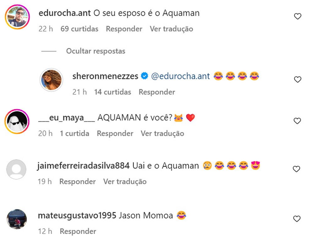 Seguidores de Sheron Menezzes comparam seu marido, Saulo Bernard, ao ator Jason Momoa — Foto: Reprodução/Instagram