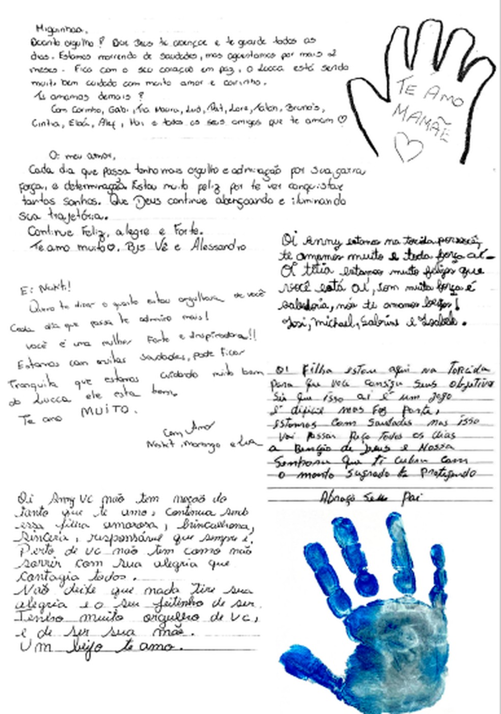 Carta que Deniziane recebeu tinha recado dos pais, amigos e desenhos do filho Luca — Foto: Globo
