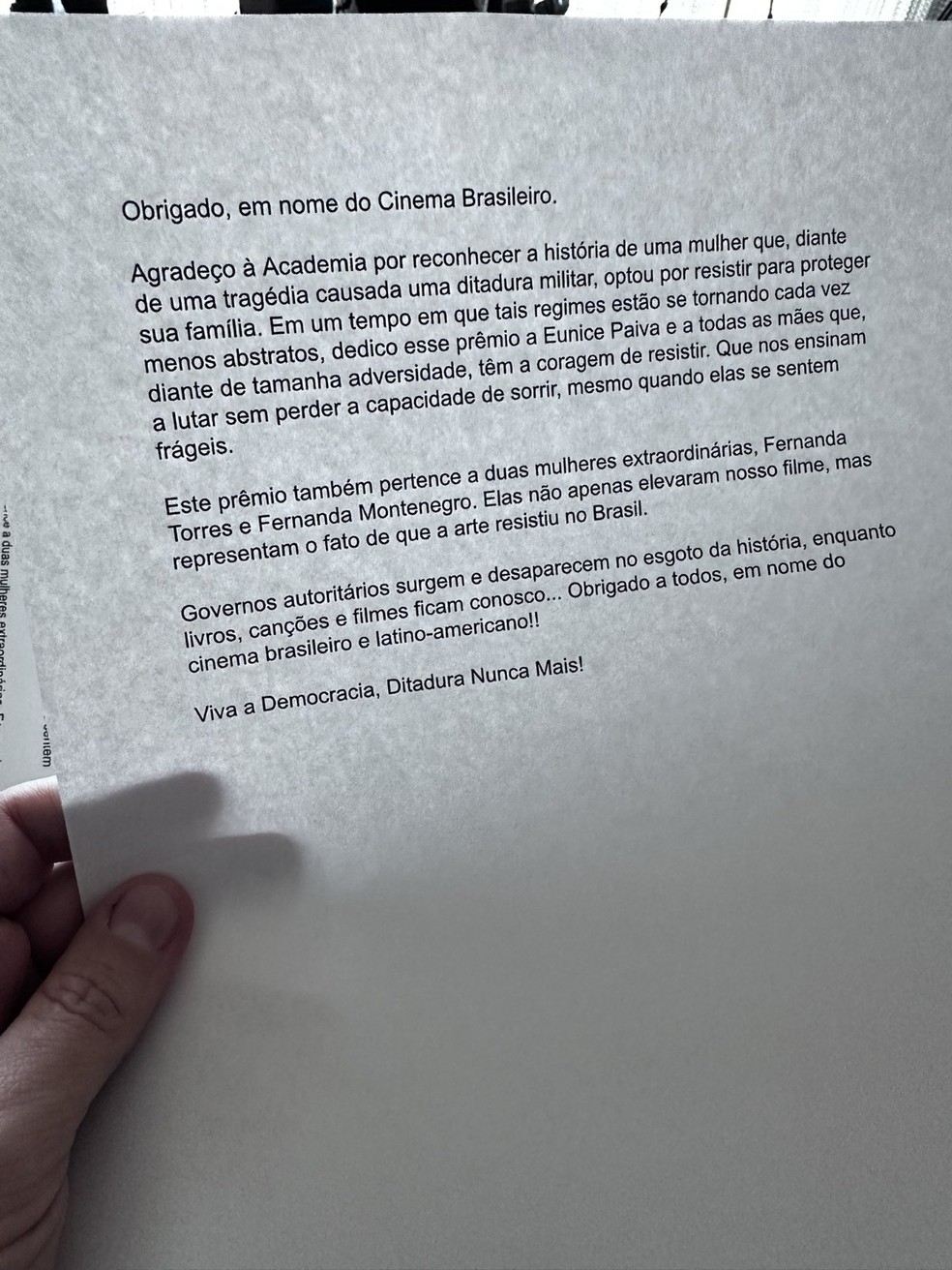 Walter compartilhou nas redes sociais, uma foto com o discurso na íntegra — Foto: Reprodução/X