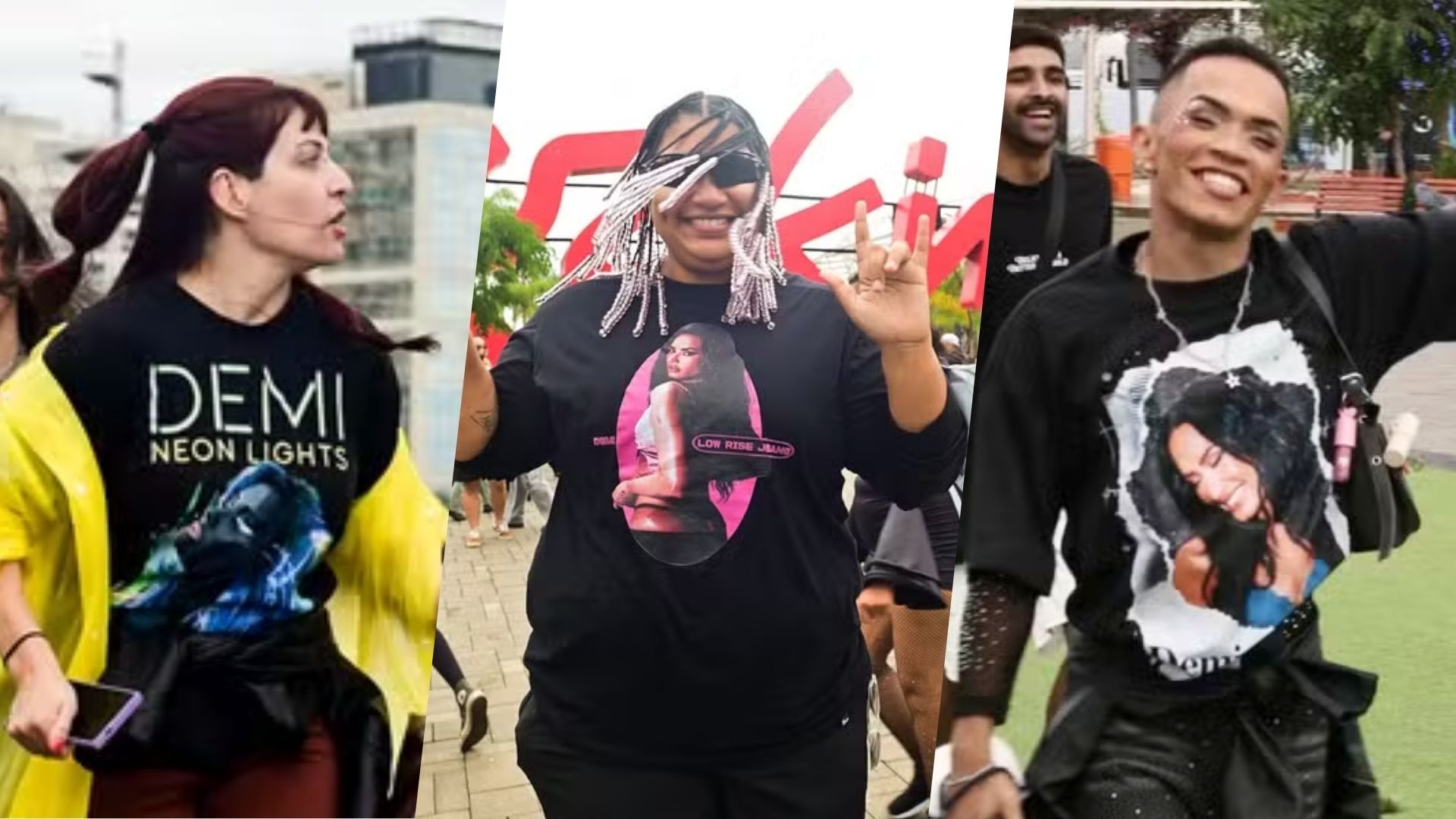 Camisas com rosto de Demi Lovato dominam os looks do público do Rock in Rio neste sábado (12) | Gshow